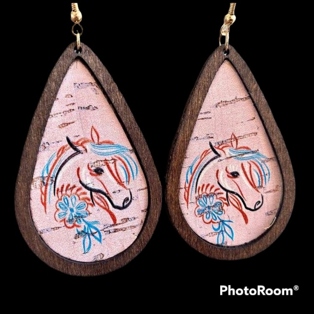 Cork & Wood Horse Earrings